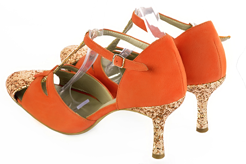 Copper gold and clementine orange women's T-strap open side shoes. Round toe. High slim heel. Rear view - Florence KOOIJMAN